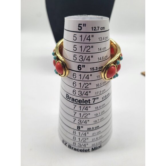 Faux Coral Turquoise Cabochon Open Cuff BOHO Gold Tone Bracelet *flaw - Picture 8 of 9